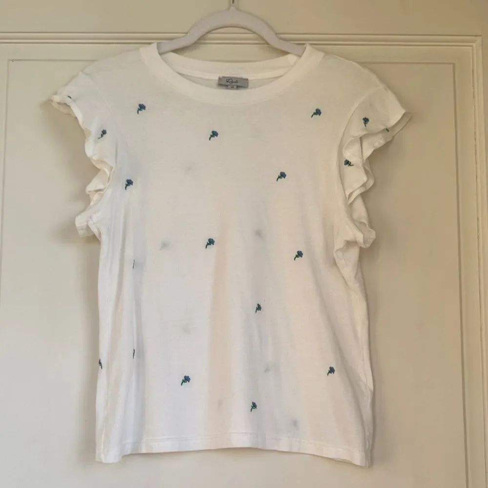Rails White Tee with Small Blue and Green Embroidery Flowers And Ruffle Sleeve